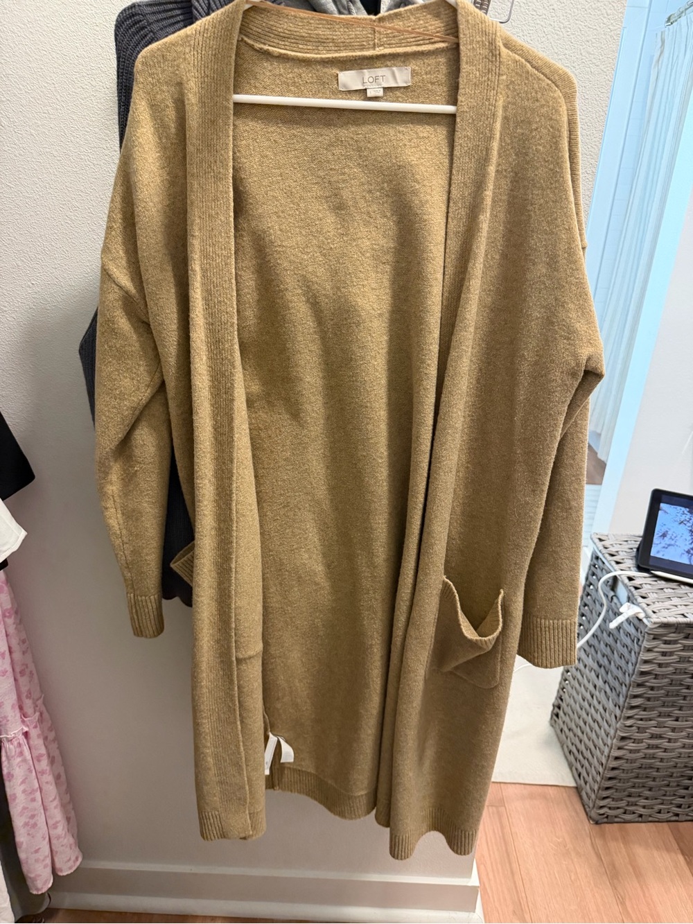 LOFT Tan Open-Front Long Cardigan with Pocket